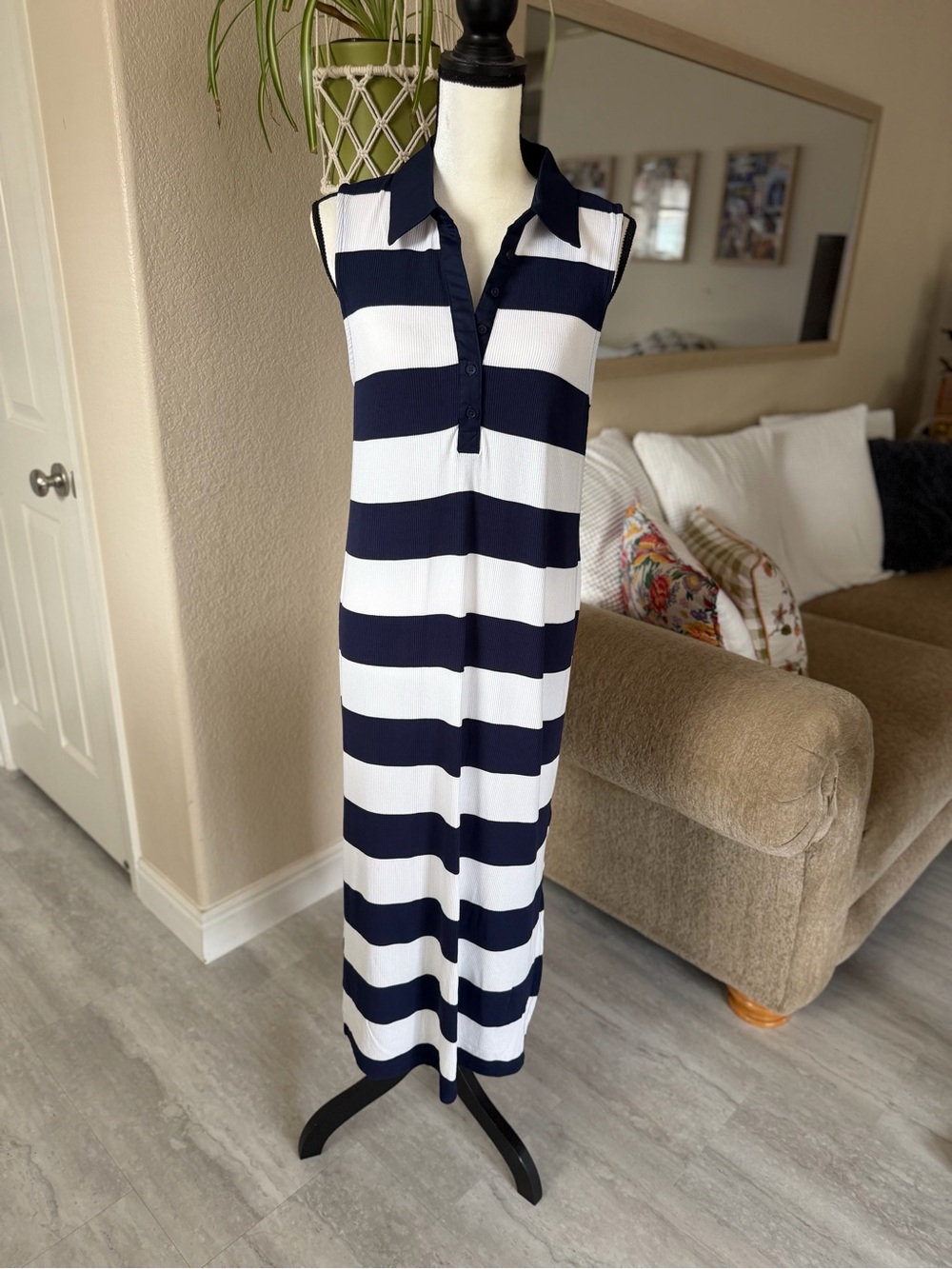 Motherhood Navy and White Striped Sleeveless Polo Maxi Dress